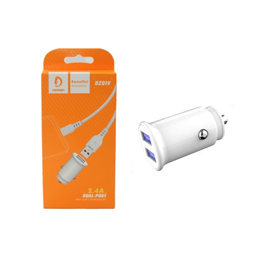 ADAPTADOR DE CARREGADOR DE CARRO DENMEN DZ01V DUAL USB 5V/2,4A BRANCO